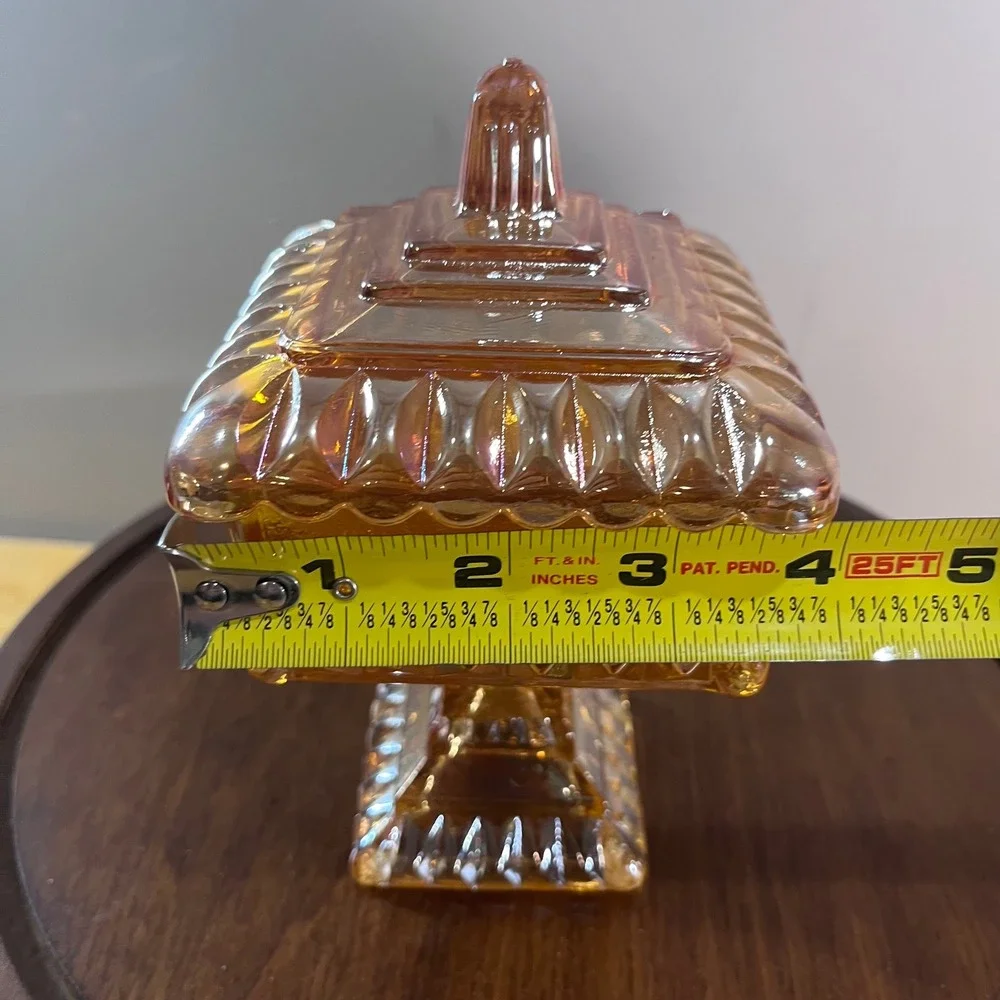 Vtg Westmoreland Marigold Carnival Glass Wedding Cake Box Footed Candy Dish Lid